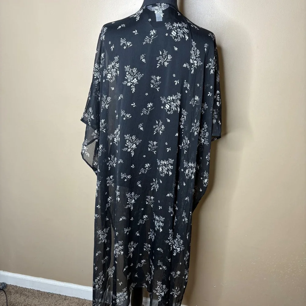 LC Lauren Conrad Womens Black Floral Sheer Duster Kimono Open Front One Size